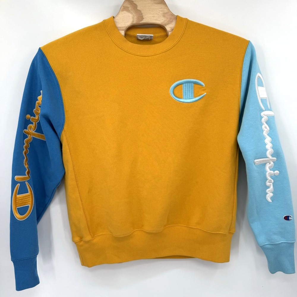 Champion Sweatshirt Mens Large Yellow Colorblock‎ Reverse Weave Pullover S0510